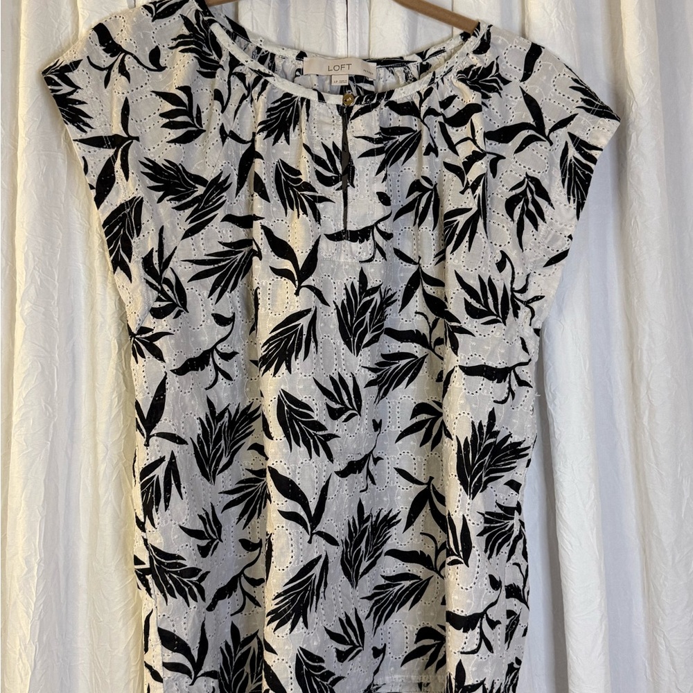 LOFT Black and White Leaf Pattern Blouse